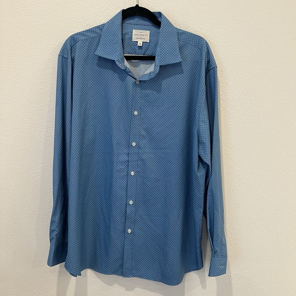 ConStruct 4 Way Stretch Button Up Shirt Mens XL Slim Fit Blue Micro Square Dot